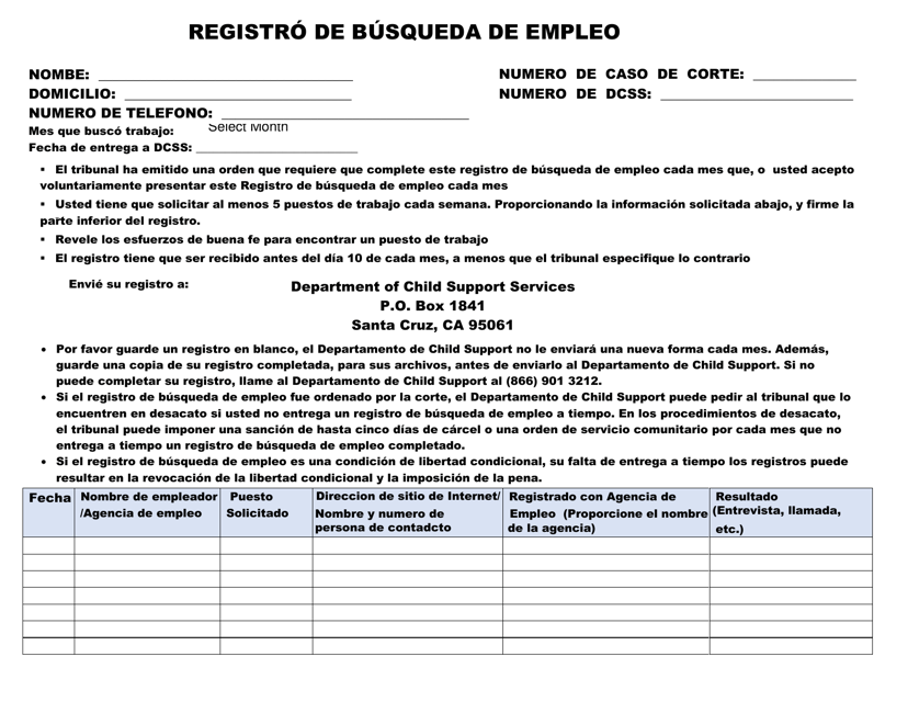 Registro De Busqueda De Empleo - County of Santa Cruz, California (Spanish) Download Pdf