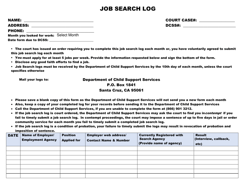 Job Search Log - County of Santa Cruz, California Download Pdf