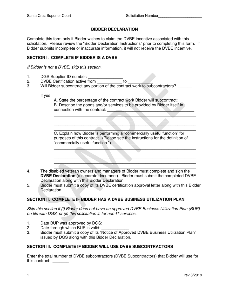 Bidder Declaration - Sample - Santa Cruz County, California, Page 1