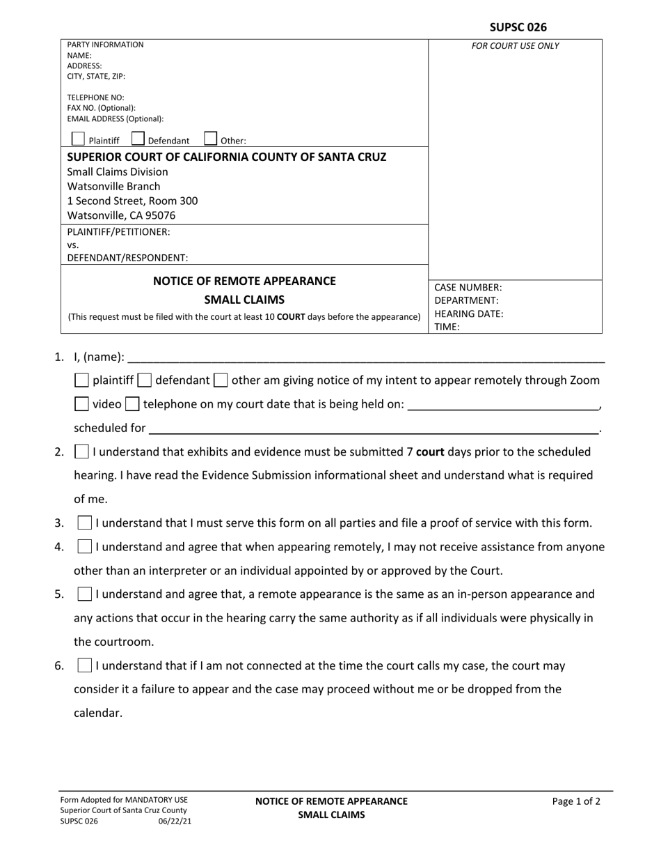 Form SUPSC026 Notice of Remote Appearance - Small Claims - Santa Cruz County, California, Page 1