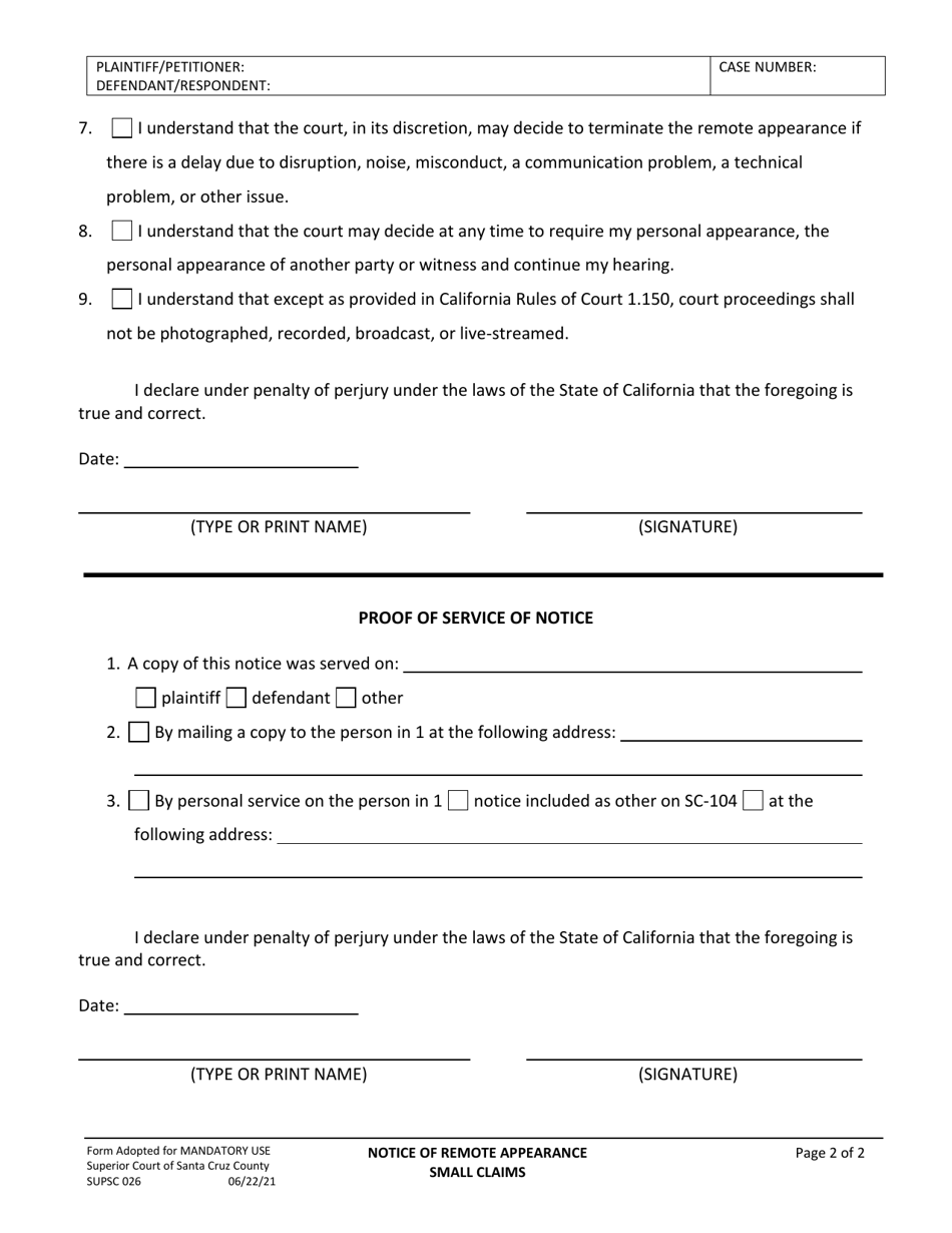 Form SUPSC026 Notice of Remote Appearance - Small Claims - Santa Cruz County, California, Page 2