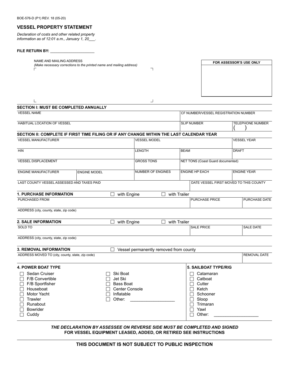 Form BOE-576-D Vessel Property Statement - California, Page 1