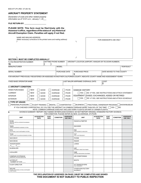 Form BOE-577 Aircraft Property Statement - California