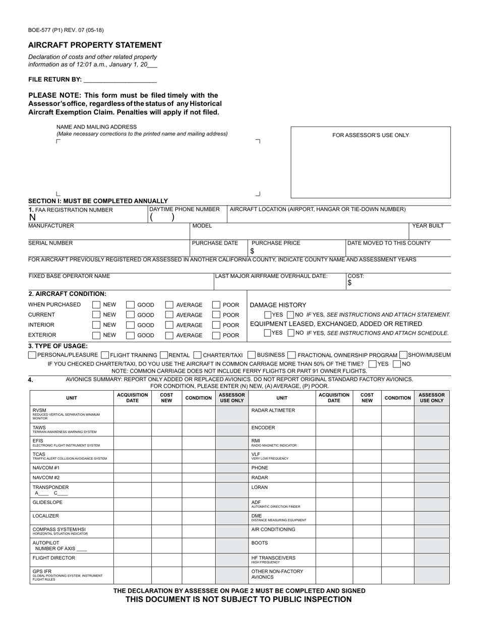 Form BOE-577 Aircraft Property Statement - California, Page 1