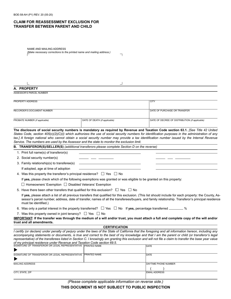 Form BOE-58-AH Claim for Reassessment Exclusion for Transfer Between Parent and Child - California, Page 1