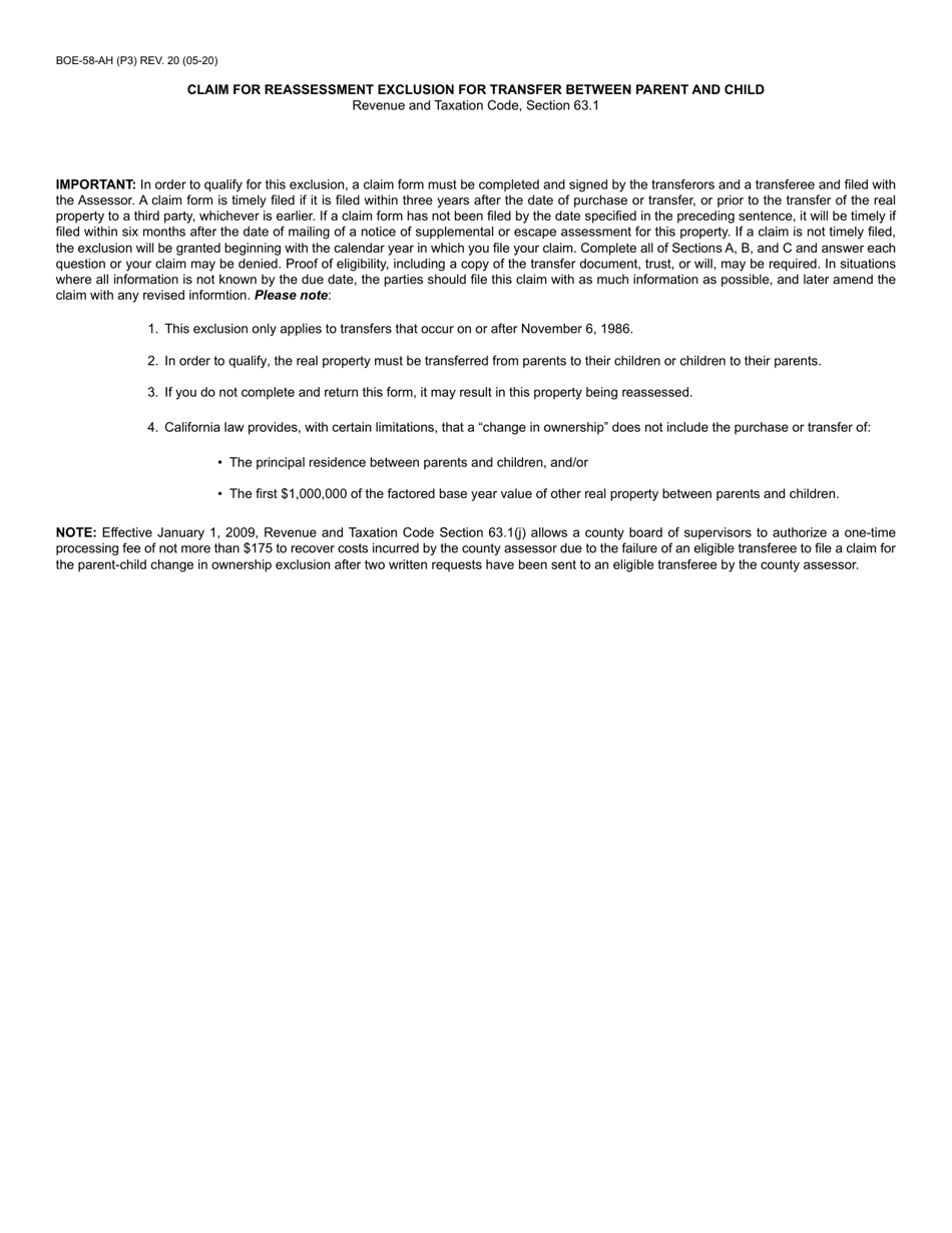Form BOE-58-AH Claim for Reassessment Exclusion for Transfer Between Parent and Child - California, Page 3