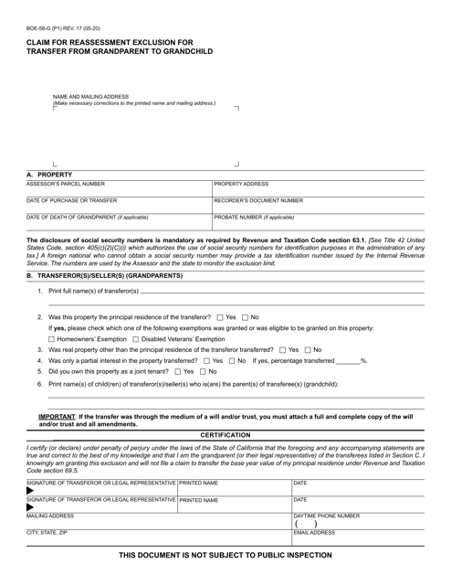 Form BOE-58-G Claim for Reassessment Exclusion for Transfer From Grandparent to Grandchild - California