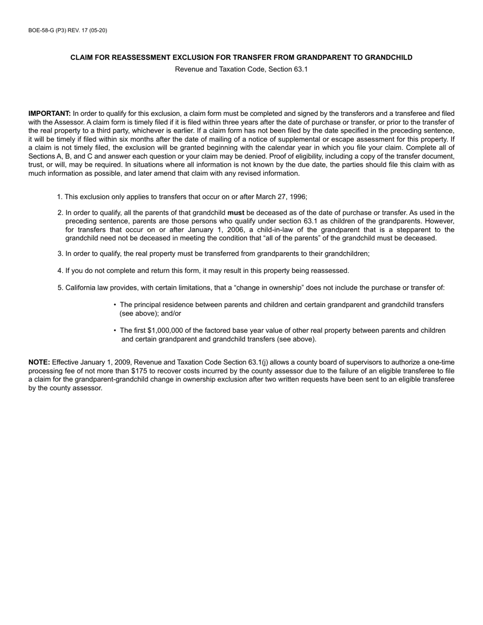 Form BOE-58-G Claim for Reassessment Exclusion for Transfer From Grandparent to Grandchild - California, Page 3