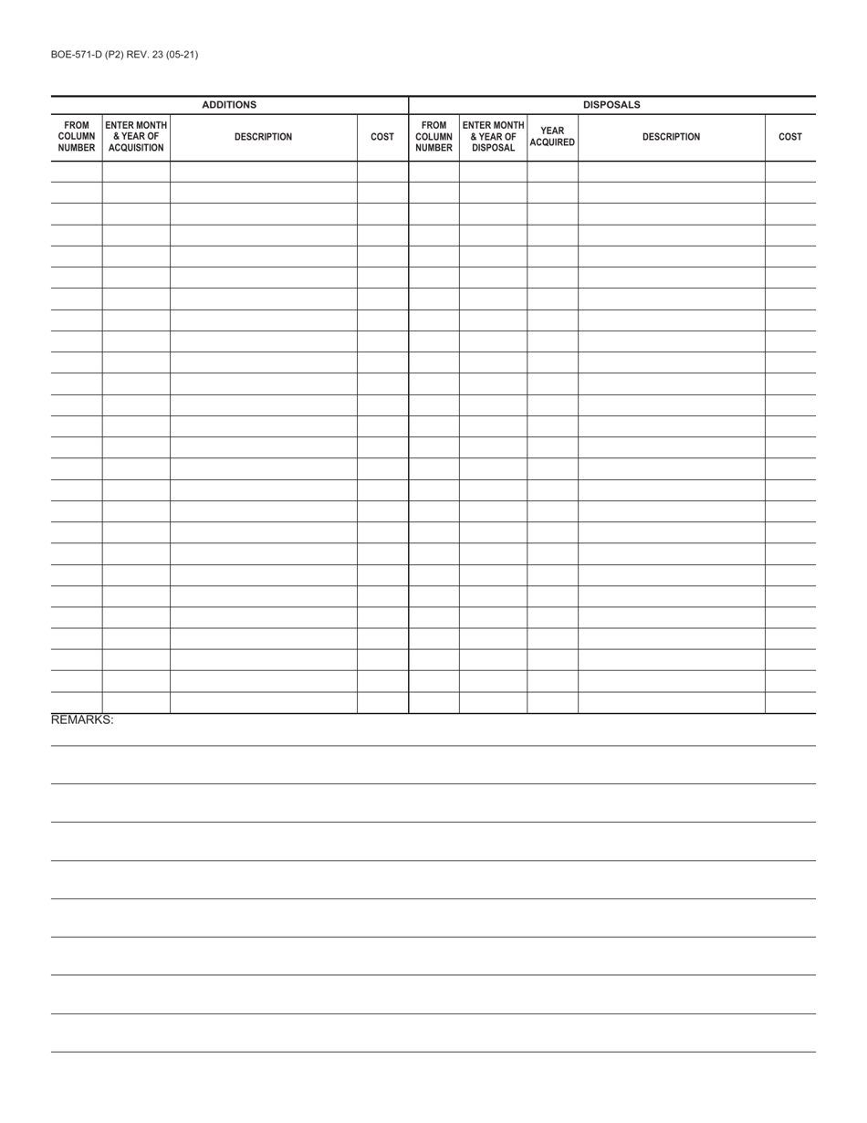 Form BOE-571-D Supplemental Schedule for Reporting Monthly Acquisitions and Disposals of Property Reported on Schedule B of the Business Property Statement - California, Page 2