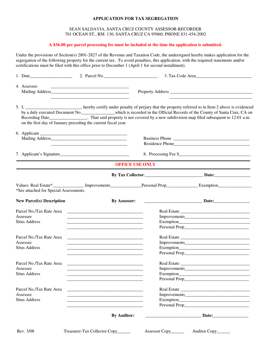 Application for Tax Segregation - Santa Cruz County, California, Page 1
