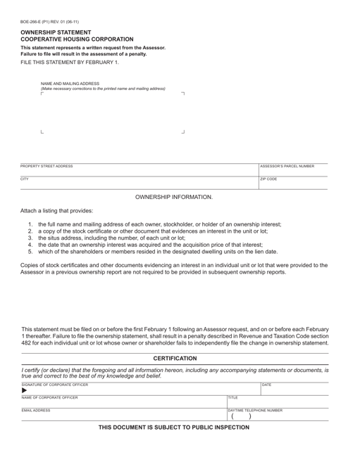 Form BOE-266-E Ownership Statement - Cooperative Housing Corporation - California