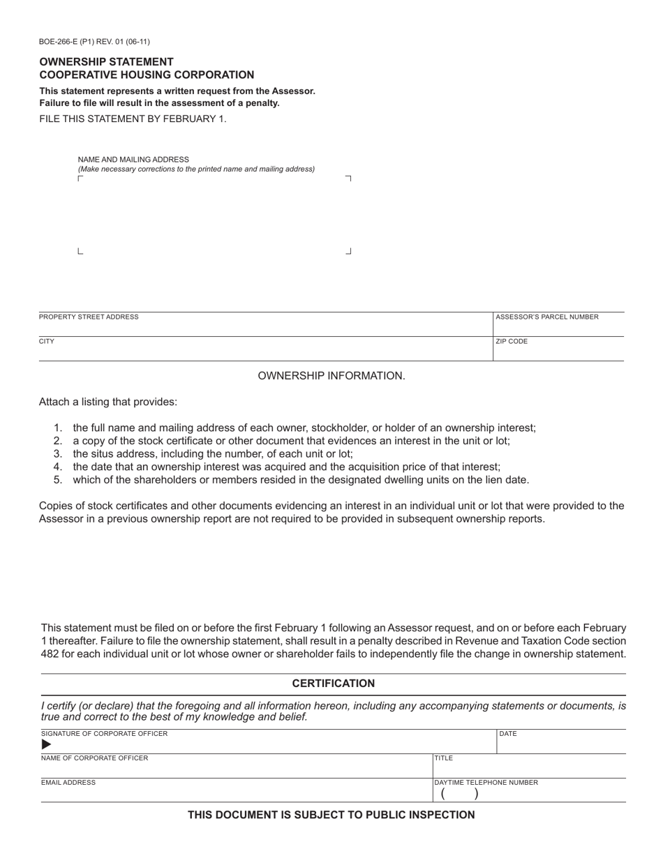 Form BOE-266-E Ownership Statement - Cooperative Housing Corporation - California, Page 1