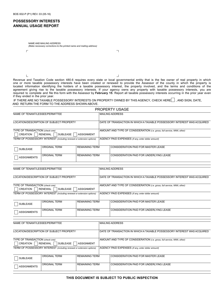 Form BOE-502-P Possessory Interests Annual Usage Report - California, Page 1