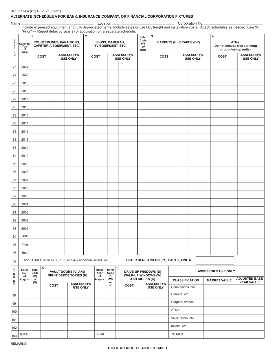 Form BOE-571-LA Alternate Schedule a for Bank, Insurance Company, or Financial Corporation Fixtures - California, Page 1