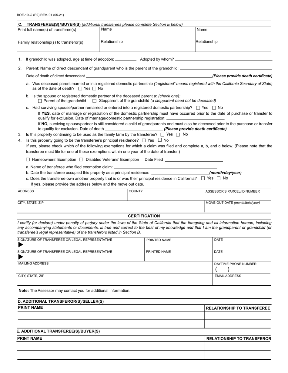 Form BOE-19-G Claim for Reassessment Exclusion for Transfer Between Grandparent and Grandchild Occurring on or After February 16, 2021 - County of Santa Cruz, California, Page 2