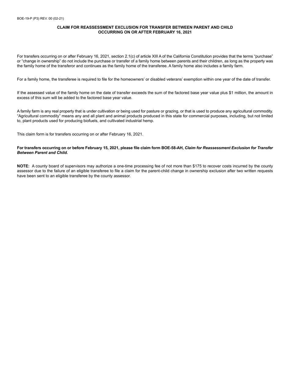 Form BOE-19-P Claim for Reassessment Exclusion for Transfer Between Parent and Child Occurring on or After February 16, 2021 - California, Page 3