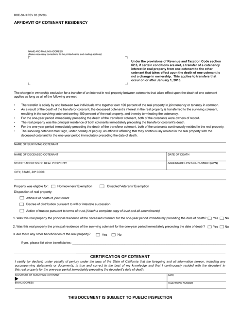 Form BOE-58-H Affidavit of Cotenant Residency - California