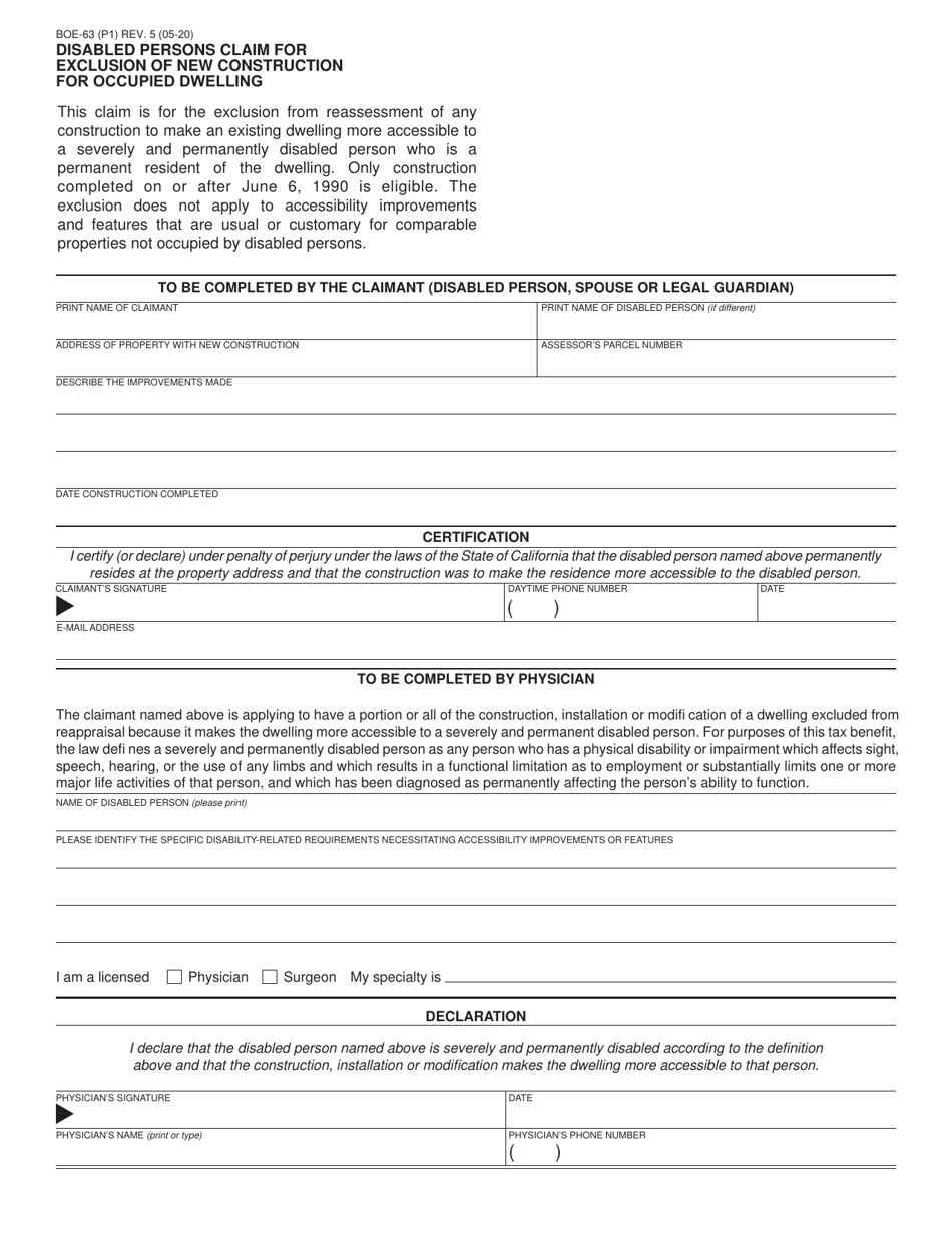 Form BOE-63 Disabled Persons Claim for Exclusion of New Construction for Occupied Dwelling - California, Page 1