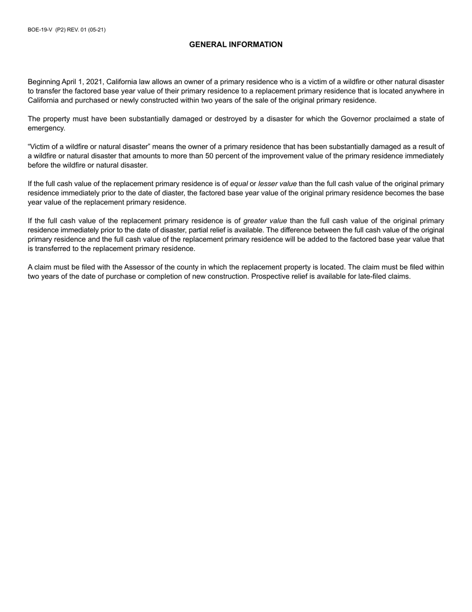 Form BOE-19-V Claim for Transfer of Base Year Value to Replacement Primary Residence for Victims of Wildfire or Other Natural Disaster - Santa Cruz County, California, Page 2