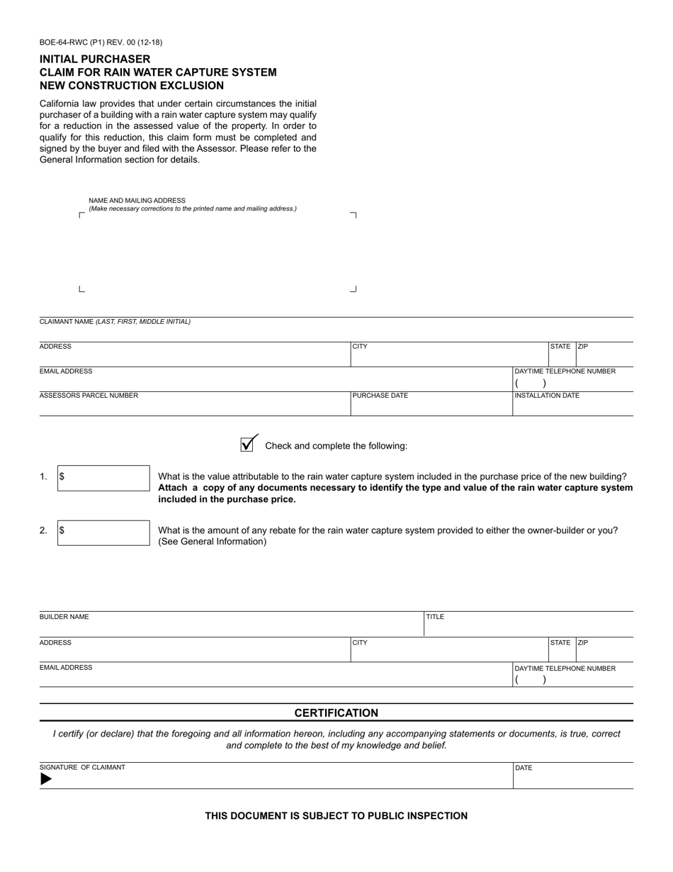 Form BOE-64-RWC Initial Purchaser Claim for Rain Water Capture System New Construction Exclusion - California, Page 1