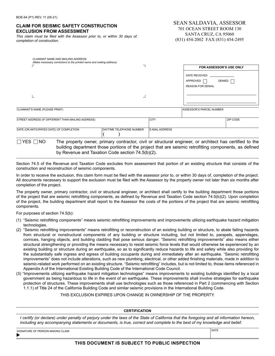 Form BOE-64 Claim for Seismic Safety Construction Exclusion From Assessment - Santa Cruz County, California, Page 1