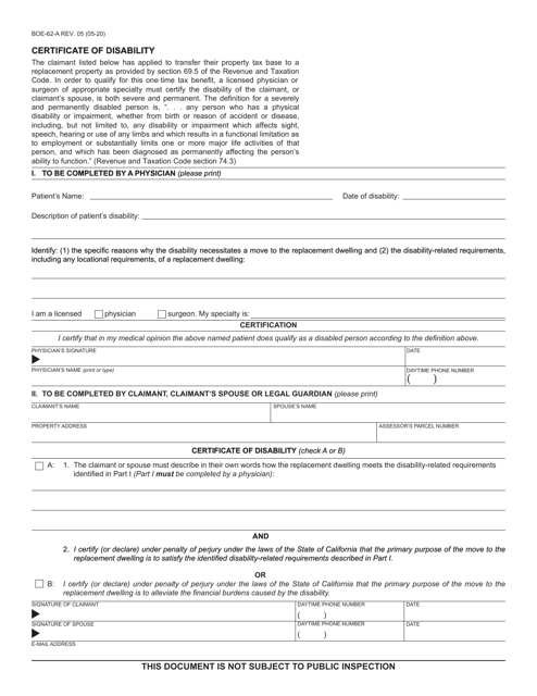 Form BOE-62-A Certificate of Disability - California