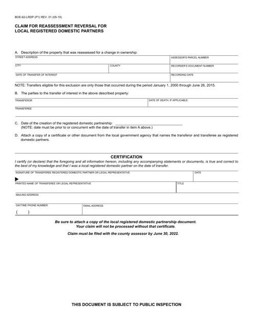 Form BOE-62-LRDP Claim for Reassessment Reversal for Local Registered Domestic Partners - California