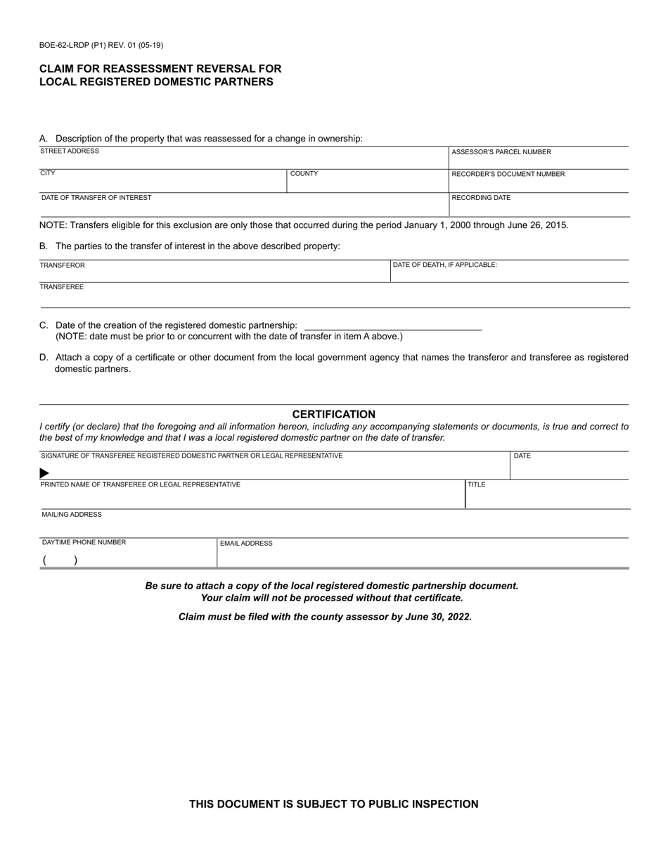 Form BOE-62-LRDP Claim for Reassessment Reversal for Local Registered Domestic Partners - California, Page 1