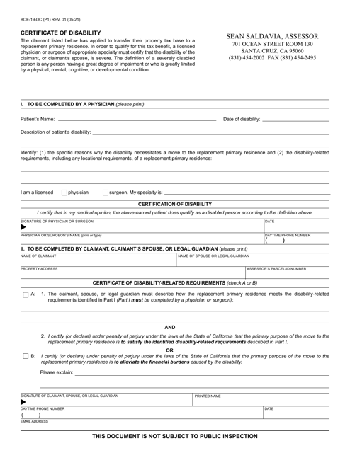 Form BOE-19-DC Certificate of Disability - Santa Cruz County, California