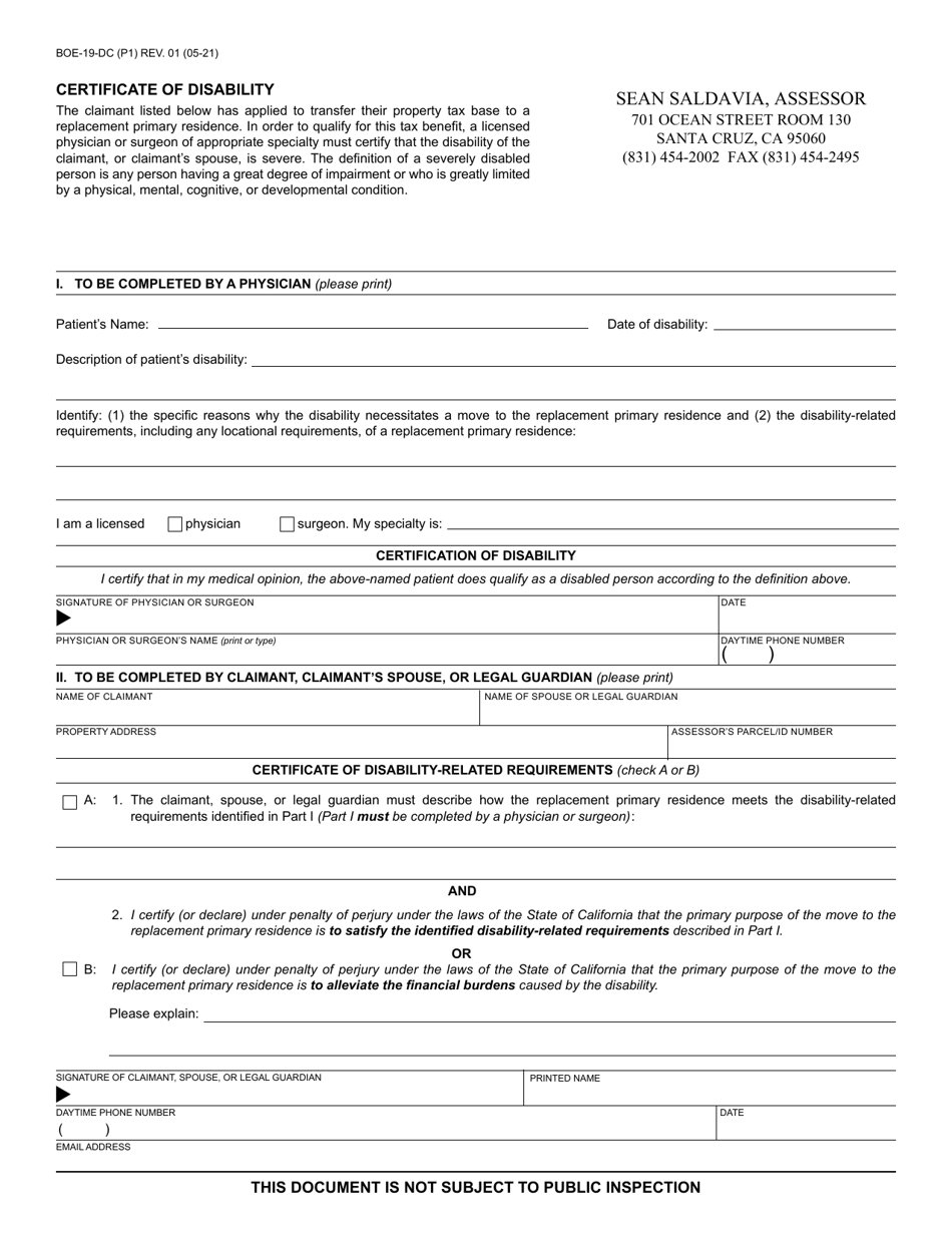 Form BOE-19-DC Certificate of Disability - Santa Cruz County, California, Page 1
