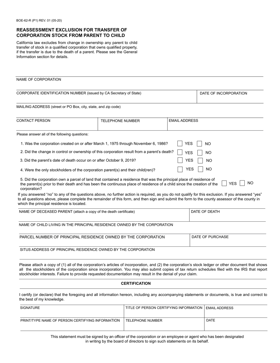 Form BOE-62-R Reassessment Exclusion for Transfer of Corporation Stock From Parent to Child - California, Page 1