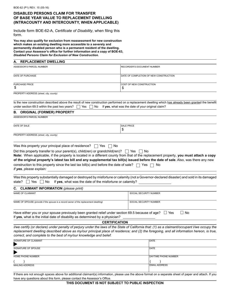 Form BOE-62 - Fill Out, Sign Online and Download Fillable PDF ...