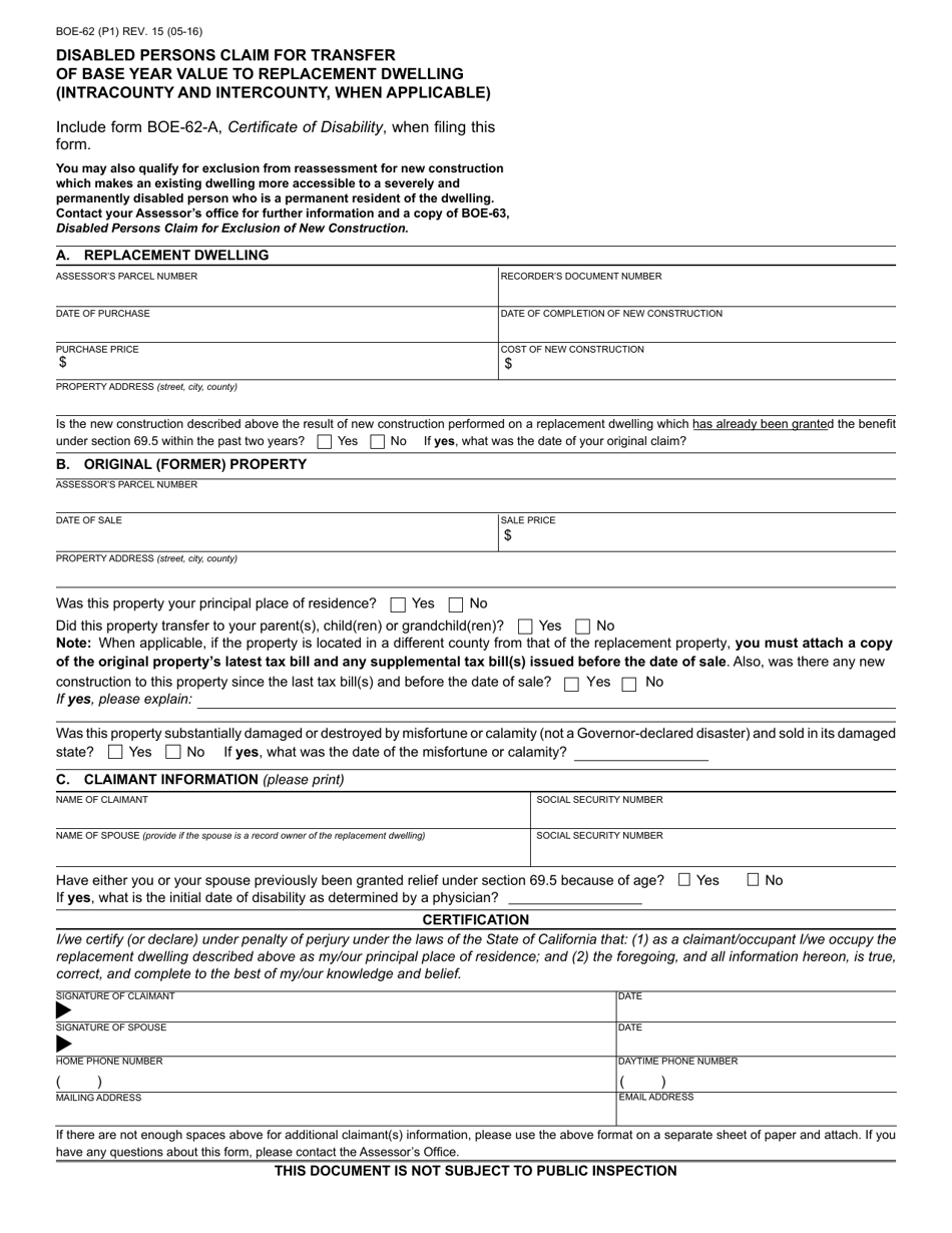 Form BOE-62 Disabled Persons Claim for Transfer of Base Year Value to Replacement Dwelling - California, Page 1