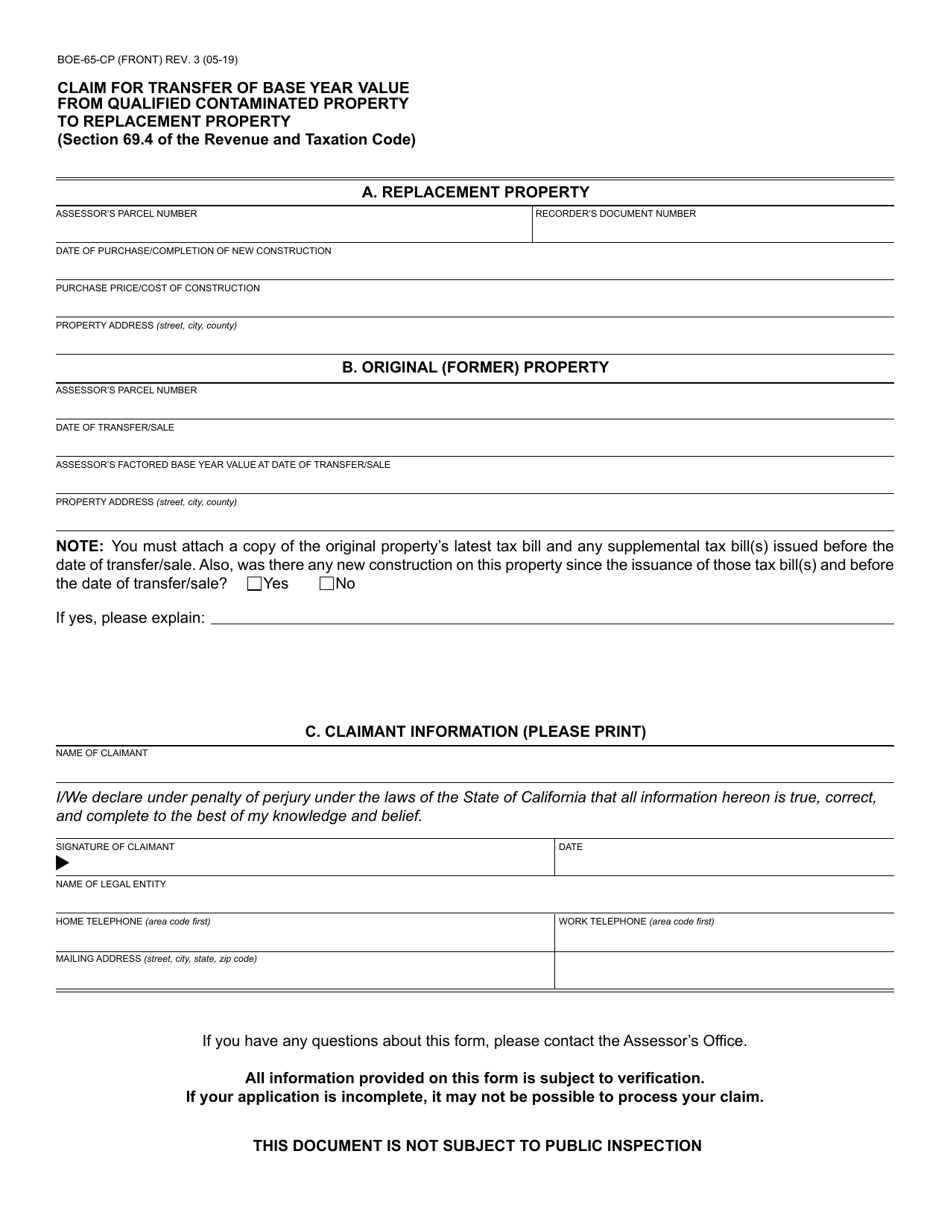 Form BOE-65-CP Claim for Transfer of Base Year Value From Qualified Contaminated Property to Replacement Property - California, Page 1