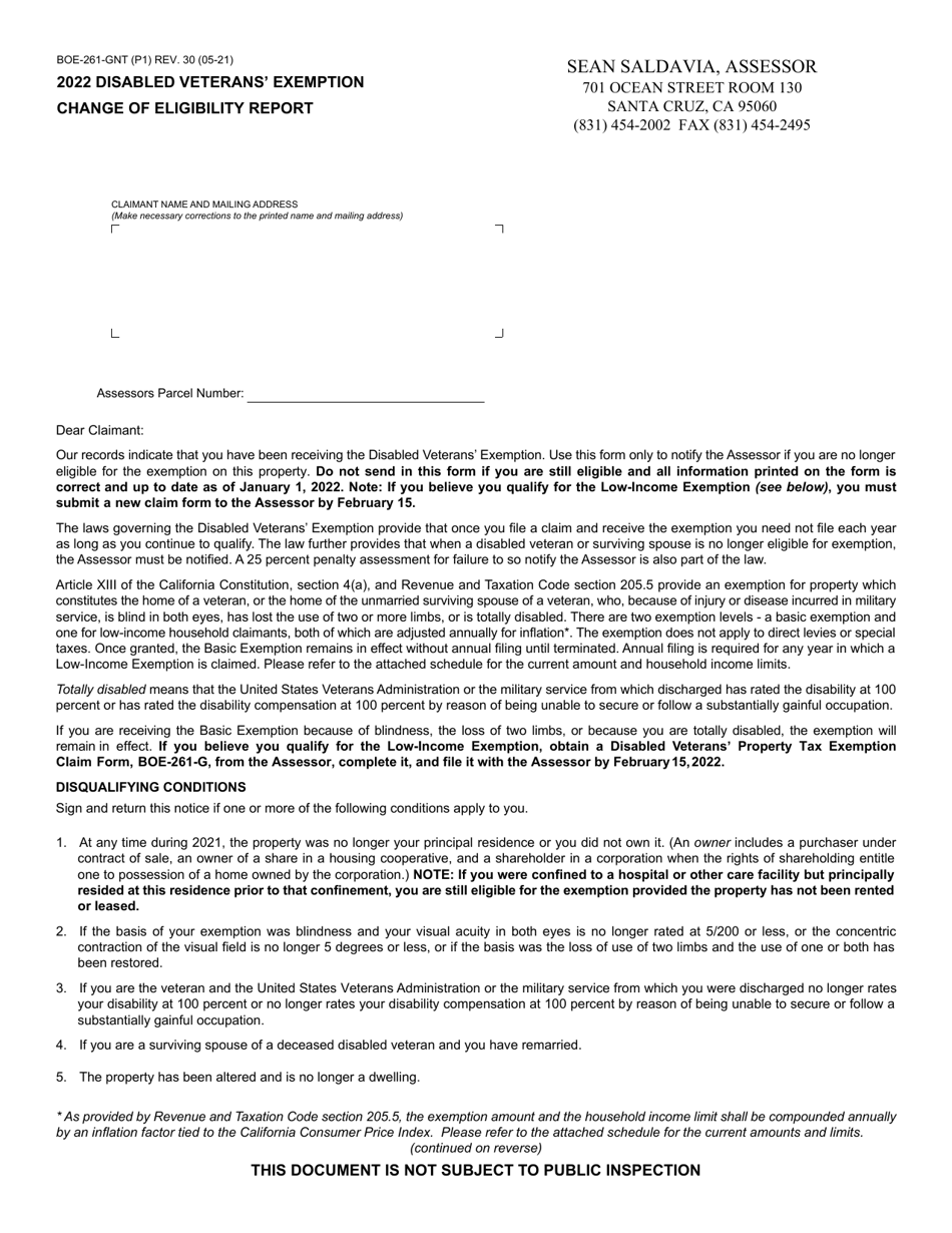 Form Boe 261 Gnt 2022 Fill Out Sign Online And Download Fillable Pdf County Of Santa Cruz 3824