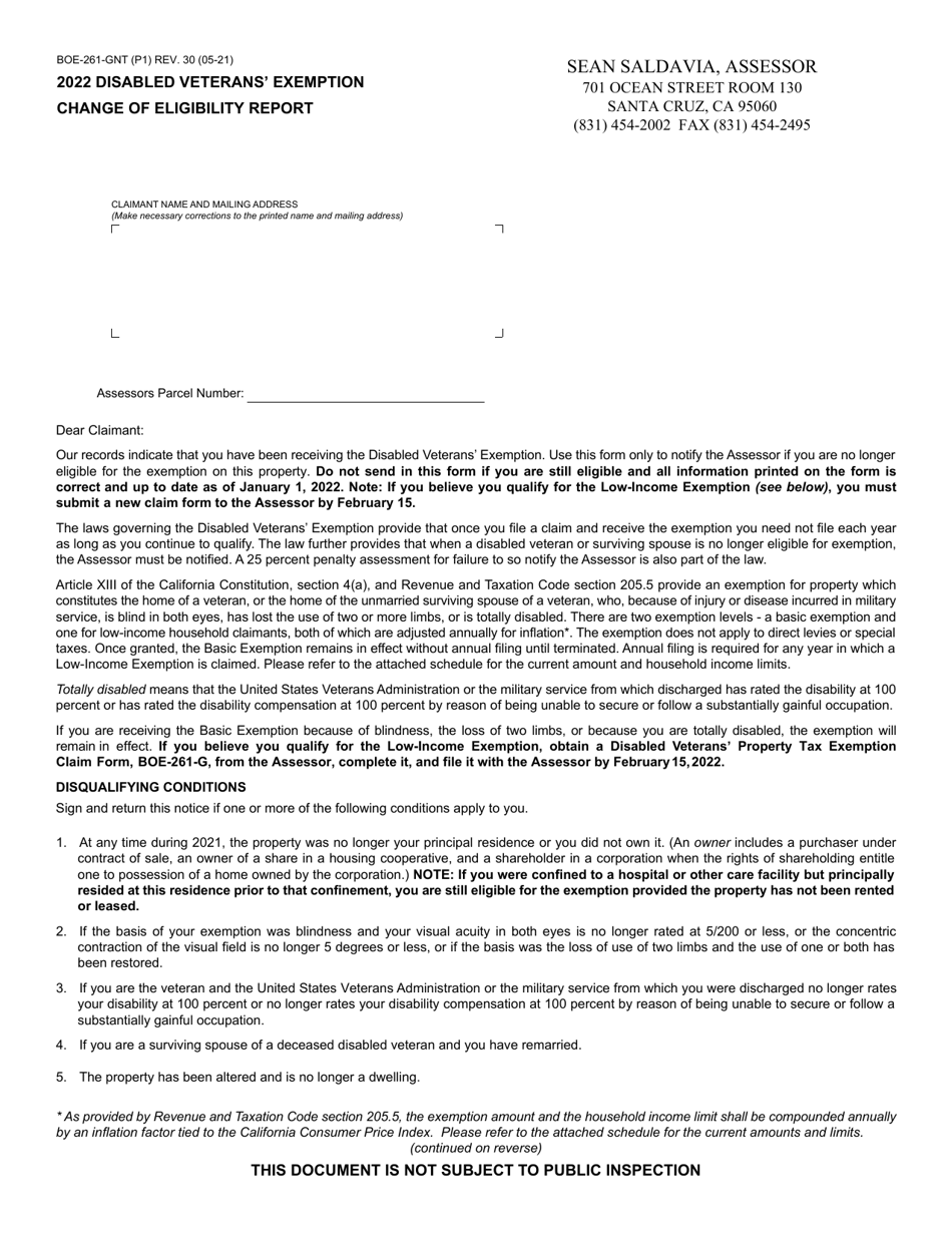 Form BOE-261-GNT Disabled Veterans Exemption Change of Eligibility Report - County of Santa Cruz, California, Page 1