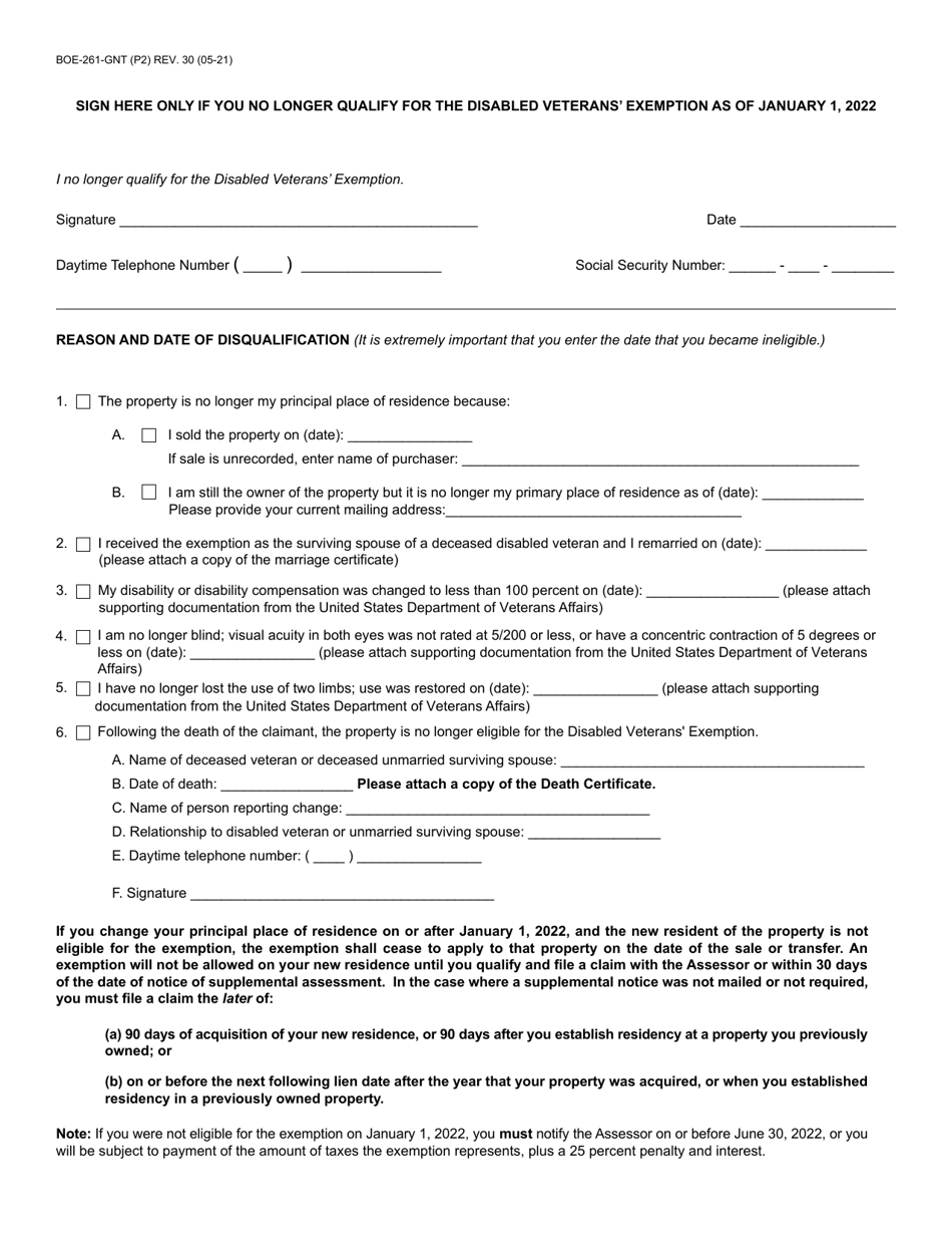 Form BOE-261-GNT Disabled Veterans Exemption Change of Eligibility Report - County of Santa Cruz, California, Page 2