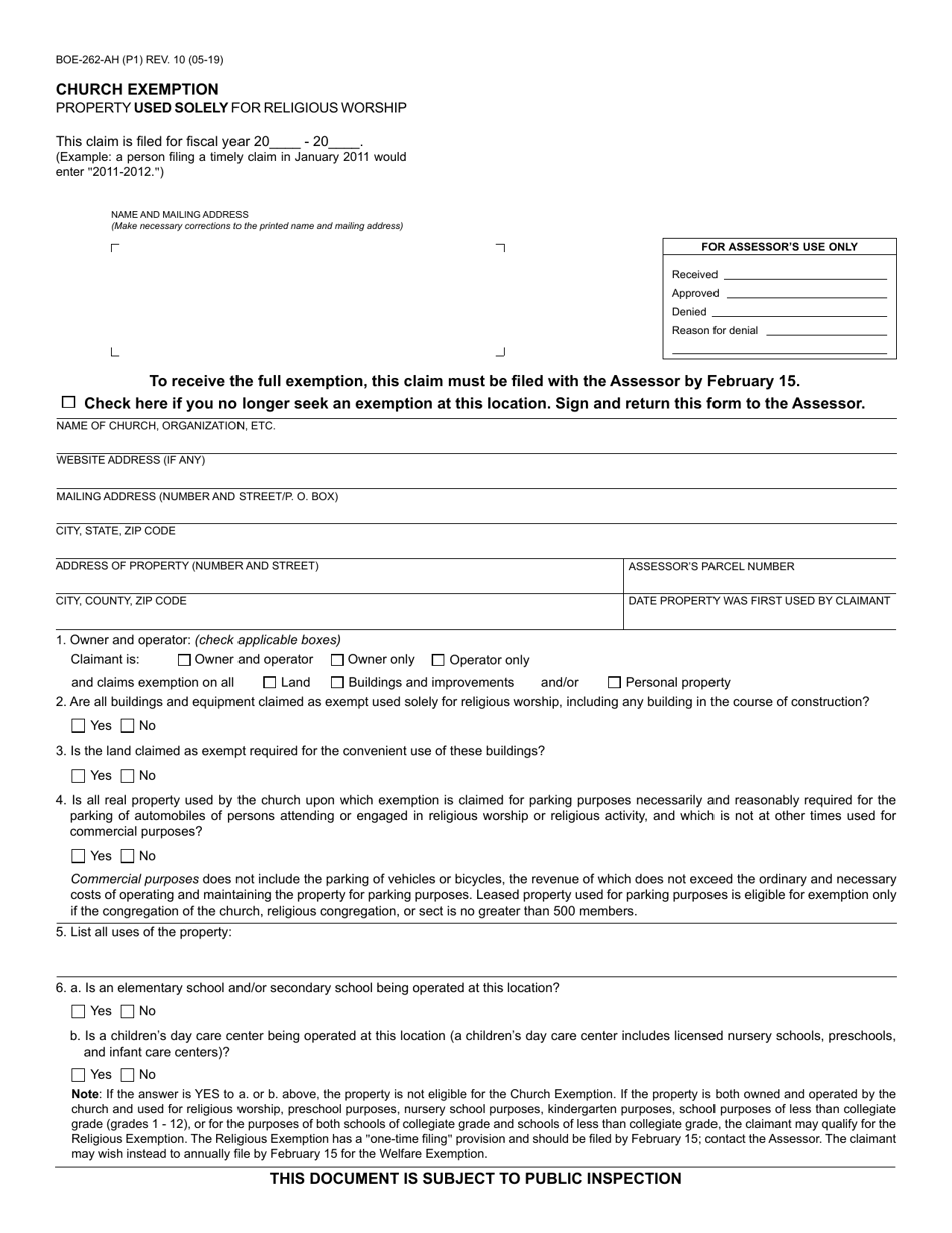 Form BOE-262-AH Church Exemption - California, Page 1