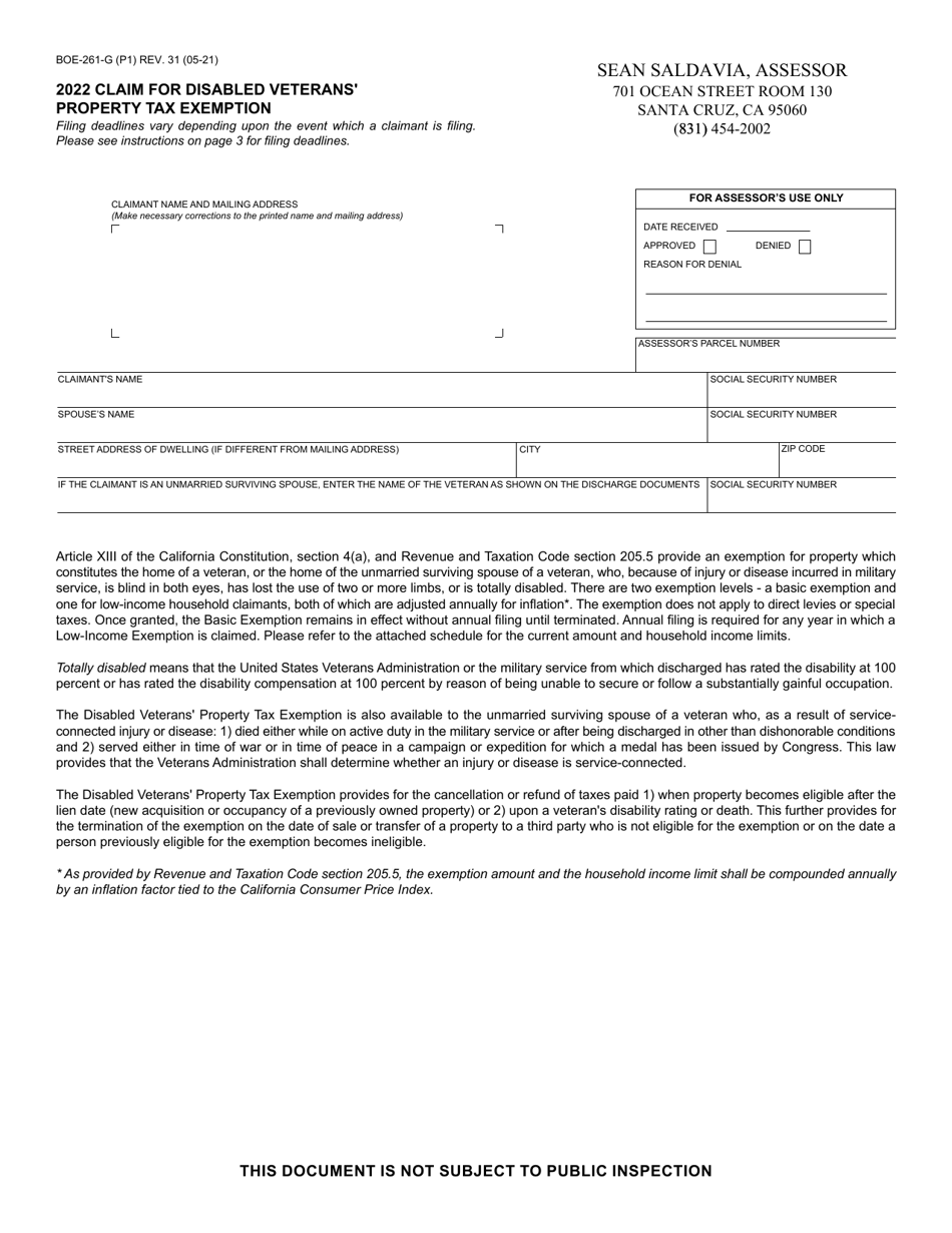 Form BOE-261-G Claim for Disabled Veterans Property Tax Exemption - County of Santa Cruz, California, Page 1