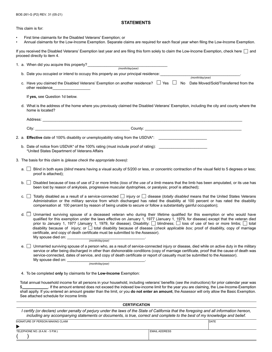 Form BOE-261-G Claim for Disabled Veterans Property Tax Exemption - County of Santa Cruz, California, Page 2
