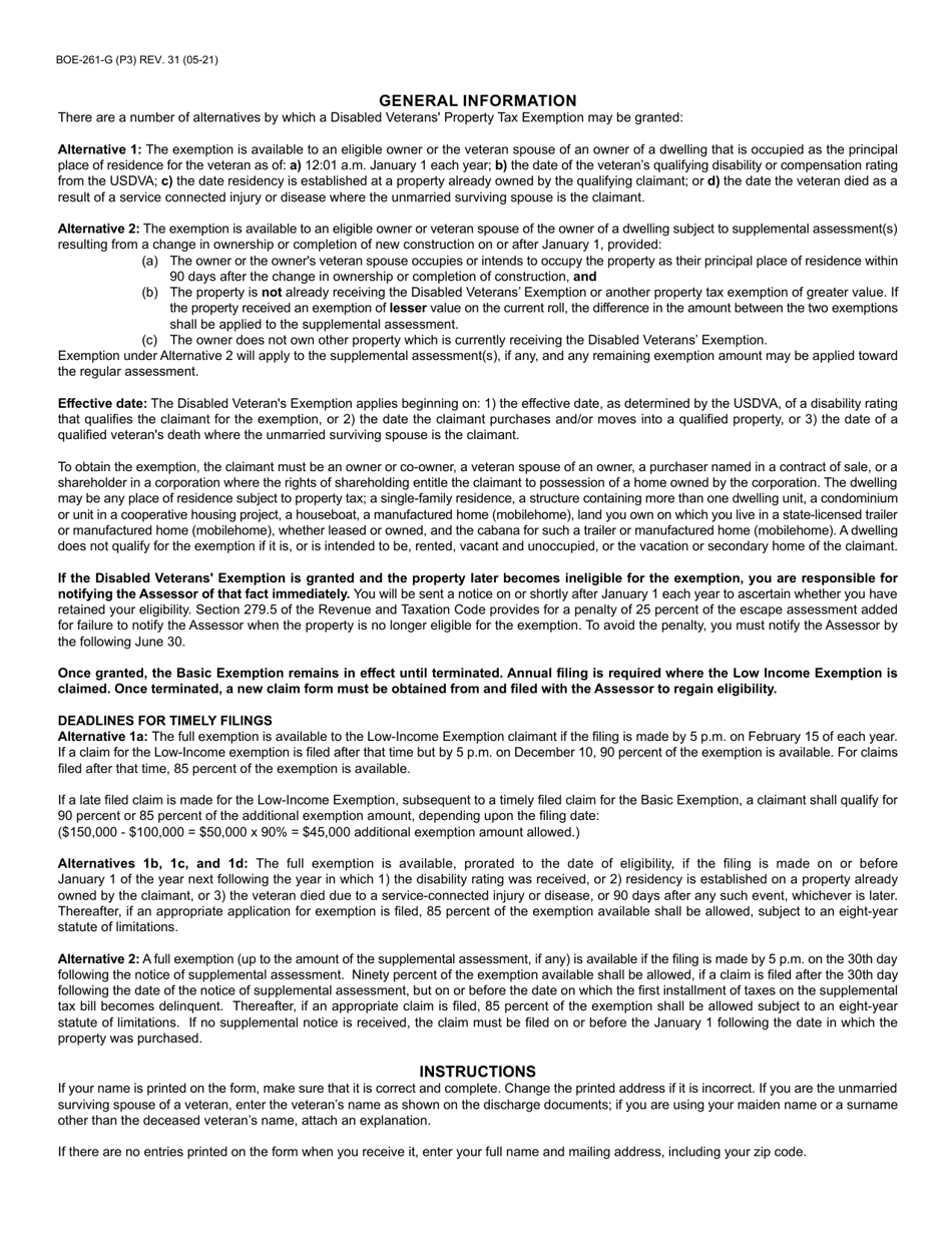 Form BOE-261-G Claim for Disabled Veterans Property Tax Exemption - County of Santa Cruz, California, Page 3