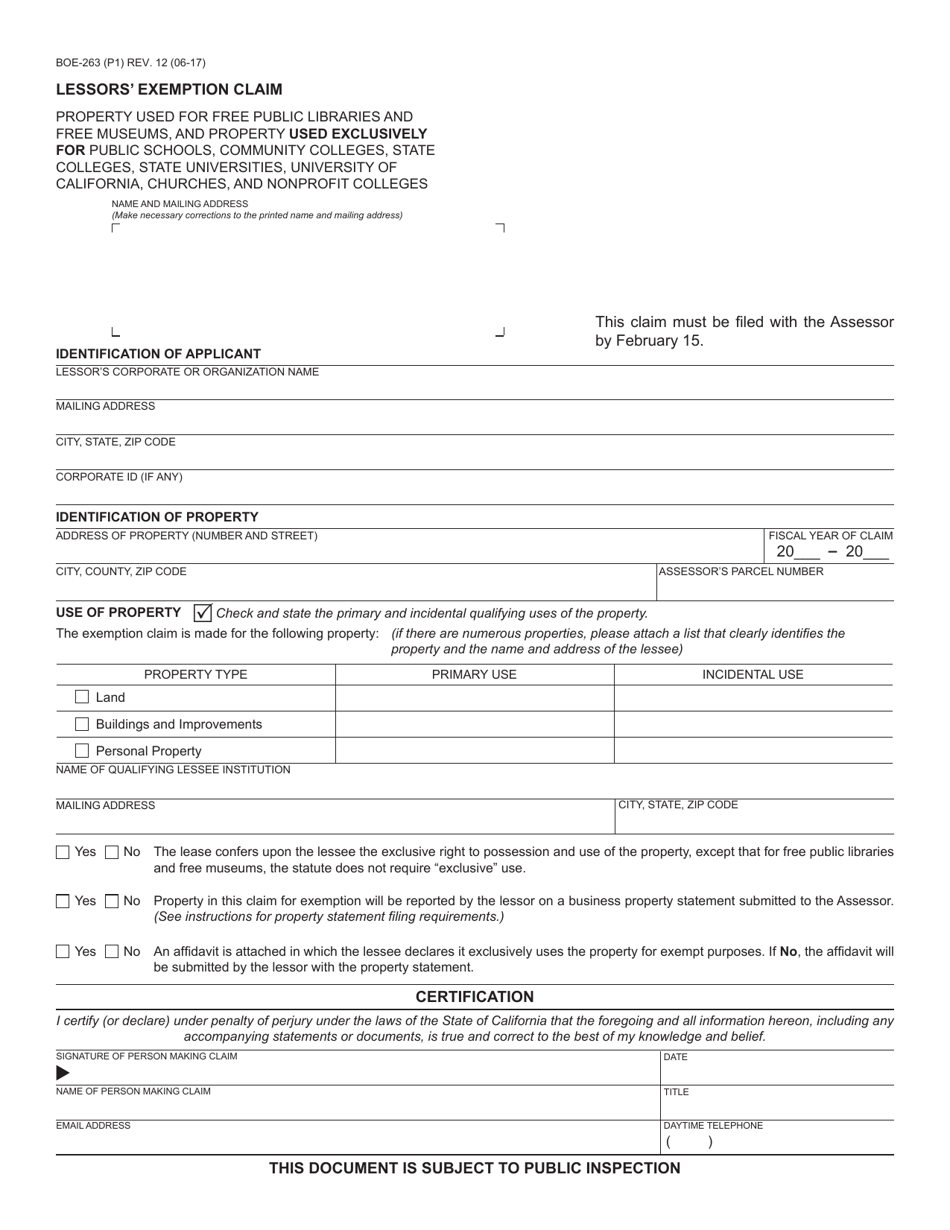 Form BOE-263 Lessors Exemption Claim - California, Page 1