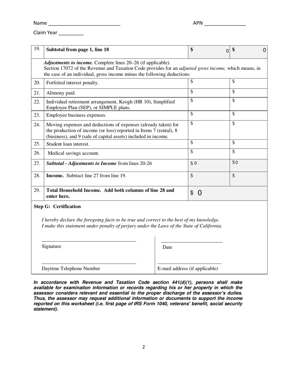 Disabled Veterans Household Income Worksheet - County of Santa Cruz, California, Page 2