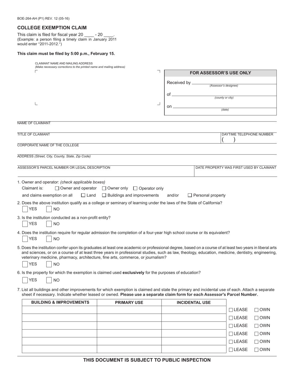 Form BOE-264-AH College Exemption Claim - California, Page 1