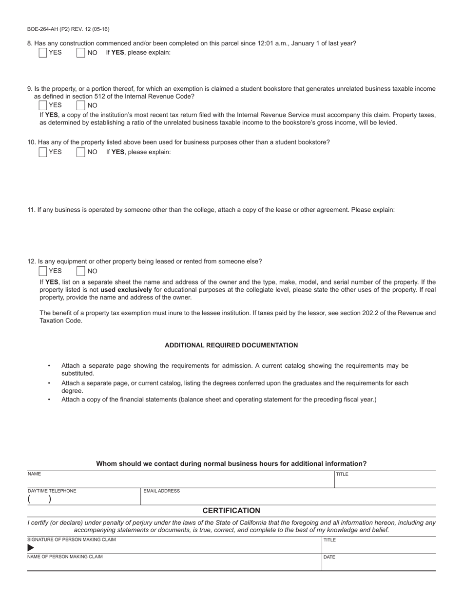Form BOE-264-AH College Exemption Claim - California, Page 2