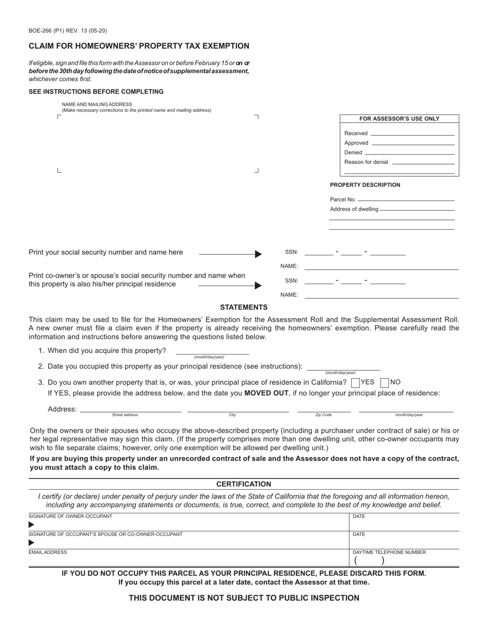 Form BOE-266 Claim for Homeowners Property Tax Exemption - California, Page 1