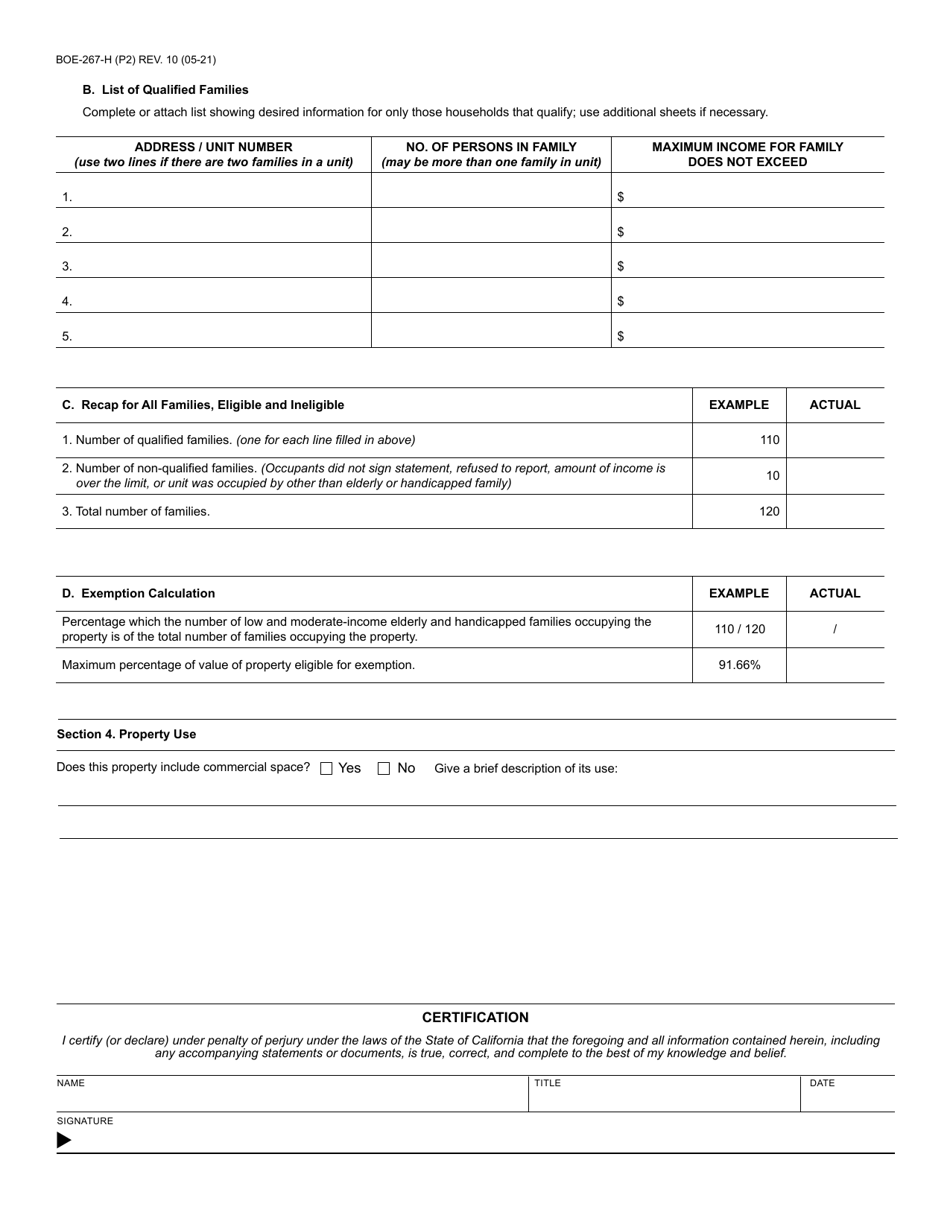 Form BOE-267-H Welfare Exemption Supplemental Affidavit, Housing - Elderly or Handicapped Families - California, Page 2