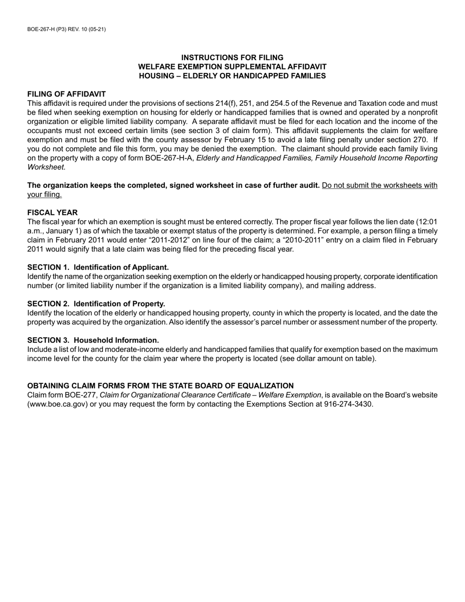 Form BOE-267-H Welfare Exemption Supplemental Affidavit, Housing - Elderly or Handicapped Families - California, Page 3
