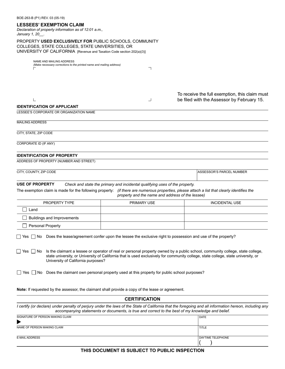 Form BOE-263-B Lessees Exemption Claim - California, Page 1