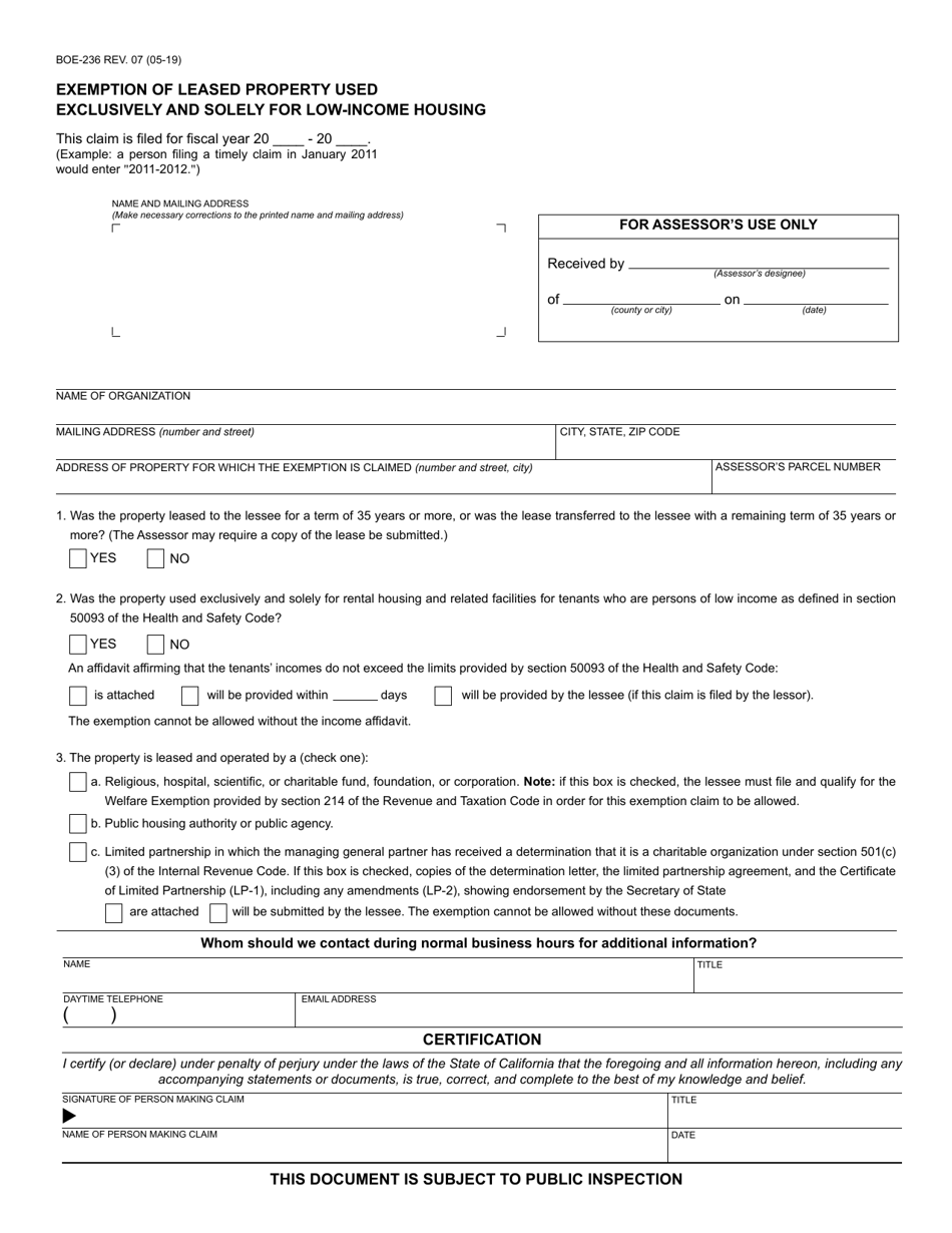 Form BOE-236 Exemption of Leased Property Used Exclusively and Solely for Low-Income Housing - California, Page 1